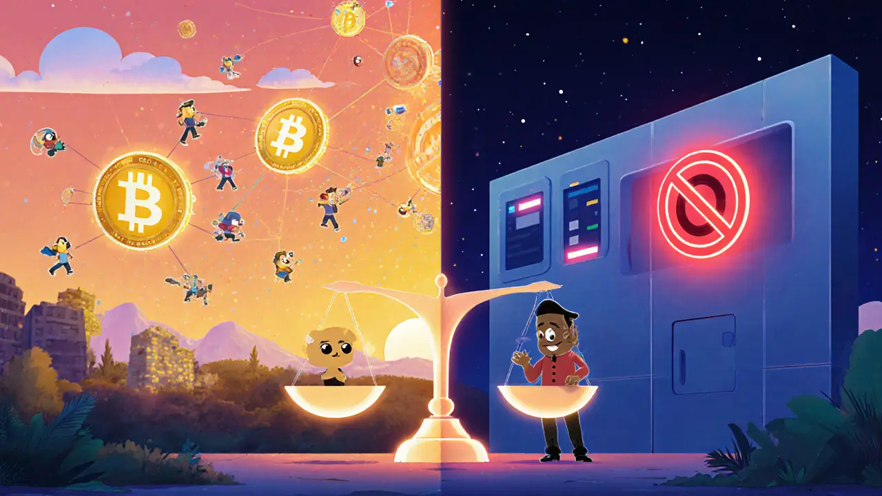 Split scene of open blockchain nodes on one side and a UI wall with a guard on the other, balanced on a scale.