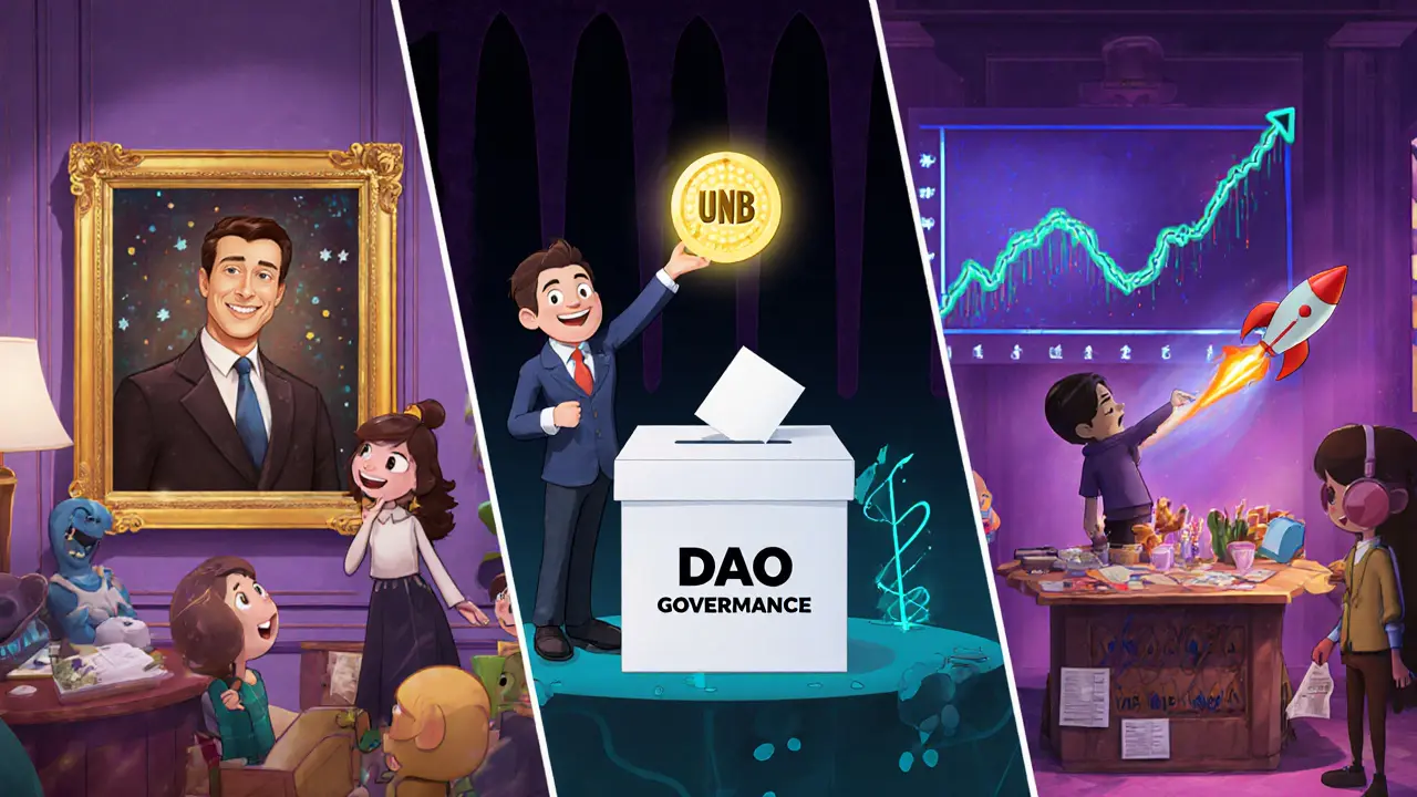 Three cartoon scenes: NFT displayed in gallery, used for voting, and sold on a market.