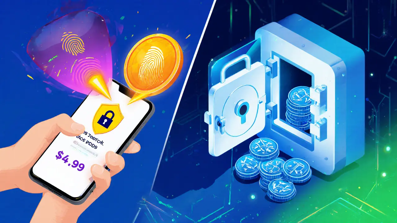 User buying crypto with a card, surrounded by security shield and cold‑storage vault.