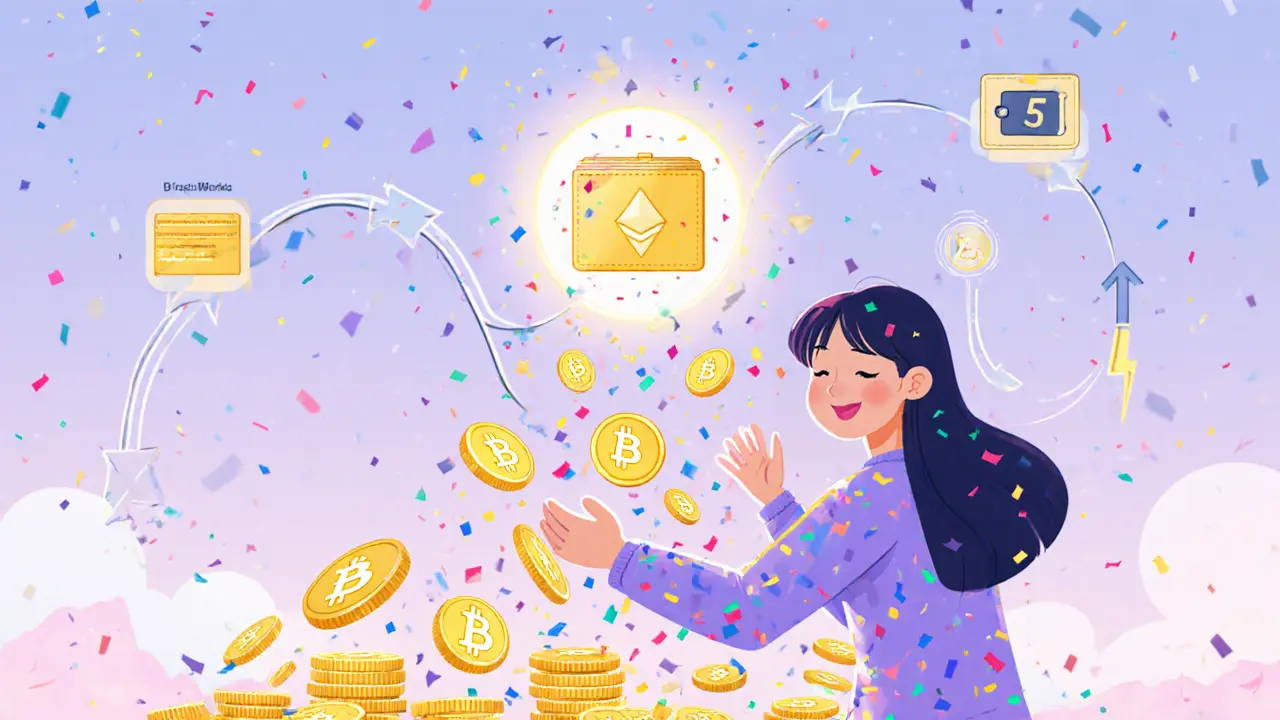 User celebrating instant crypto purchase with coins falling into a wallet, roadmap ahead.