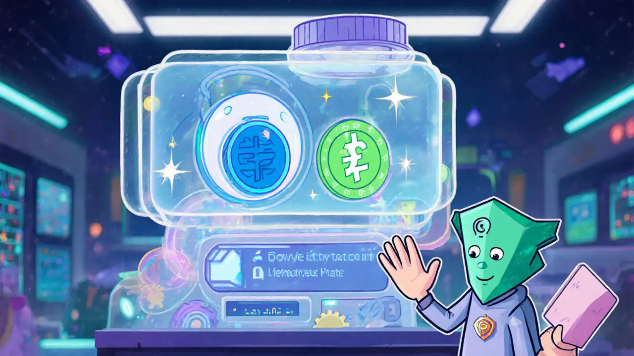 Cartoon AMM machine swaps bright token characters with a friendly wallet, tiny sparkles for low gas.