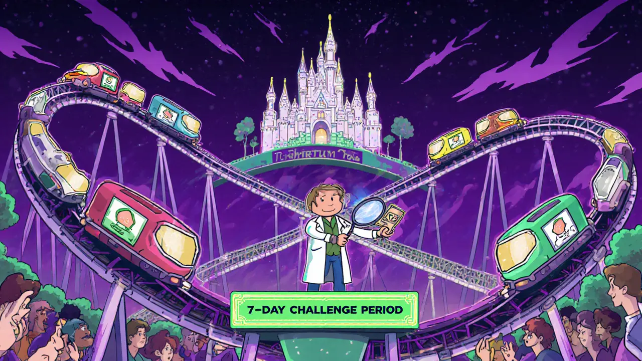 Cartoon roller‑coaster tracks for Arbitrum chains delivering a proof ticket to an Ethereum castle during a challenge period.