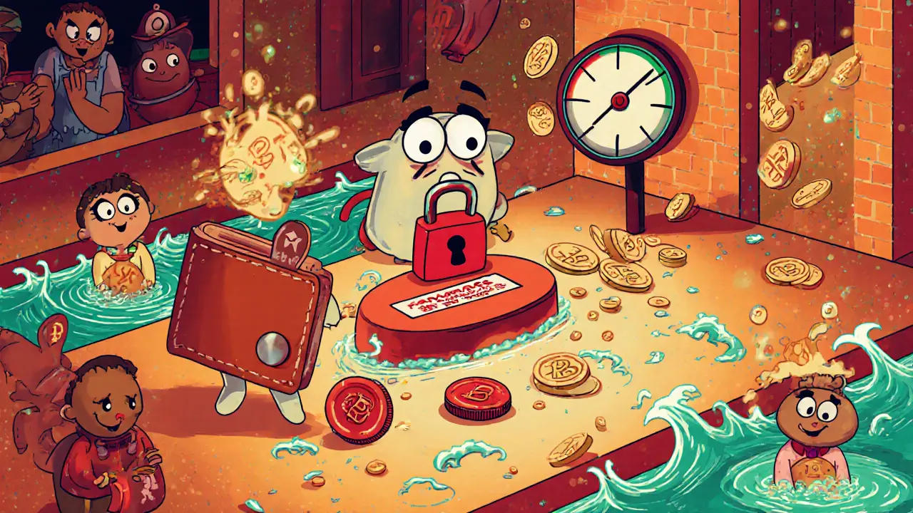 Cartoon wallet trying to sell EFT on PancakeSwap, blocked by a red padlock, with tax meters spilling BETH coins.