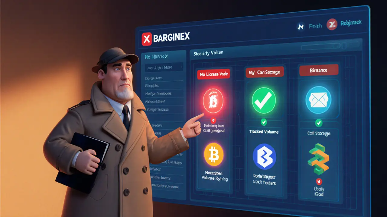Detective compares Barginex red flags to trusted exchanges' green checkmarks on a dashboard.