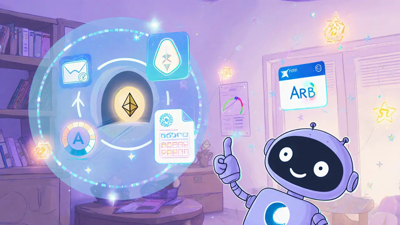 Friendly robot guide showing wallet, bridge, swap, and voting steps for acquiring ARB with low fees.