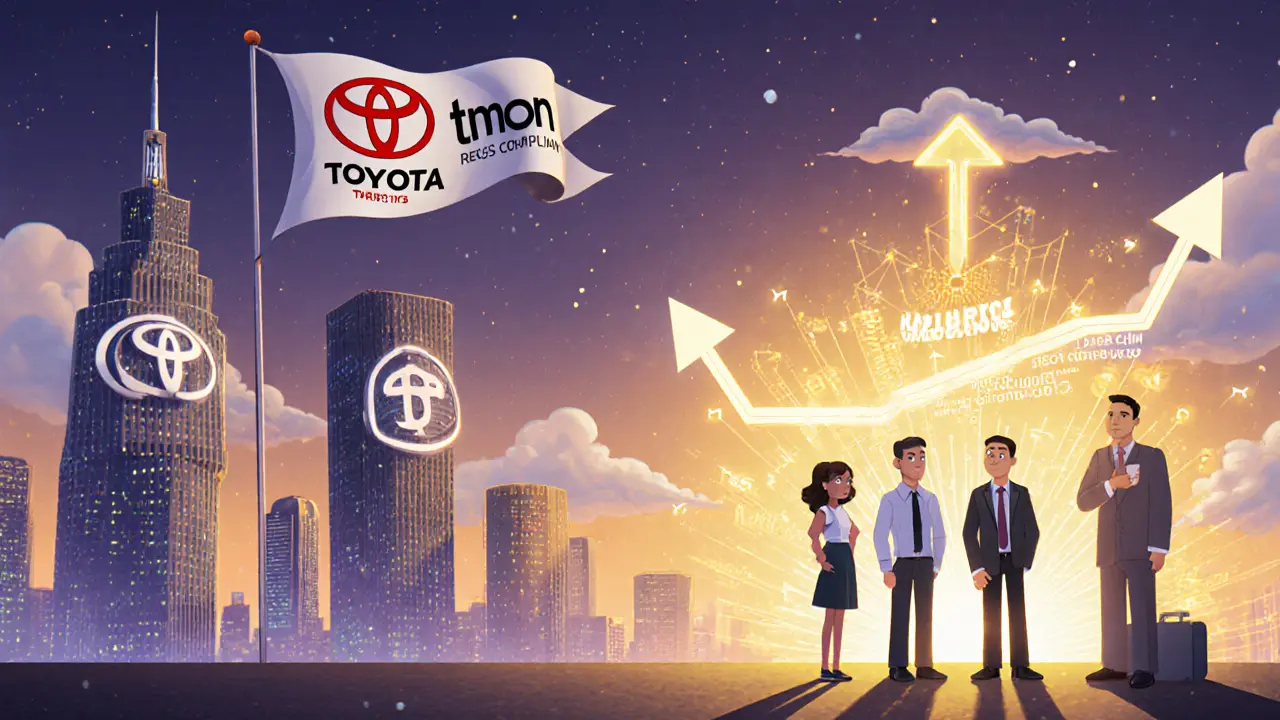 Future city skyline with Toyota and blockchain icons, investors reviewing TMon roadmap.