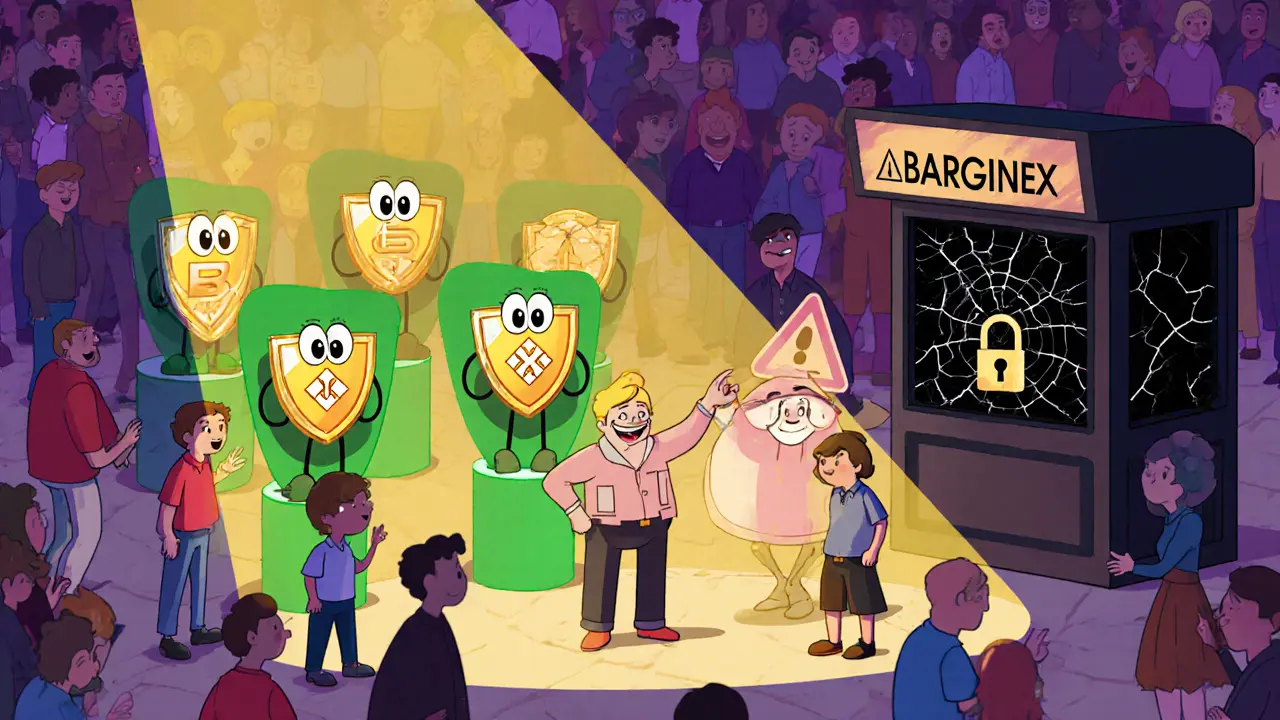 Happy traders choose safe platforms while a broken Barginex kiosk sits in the background.