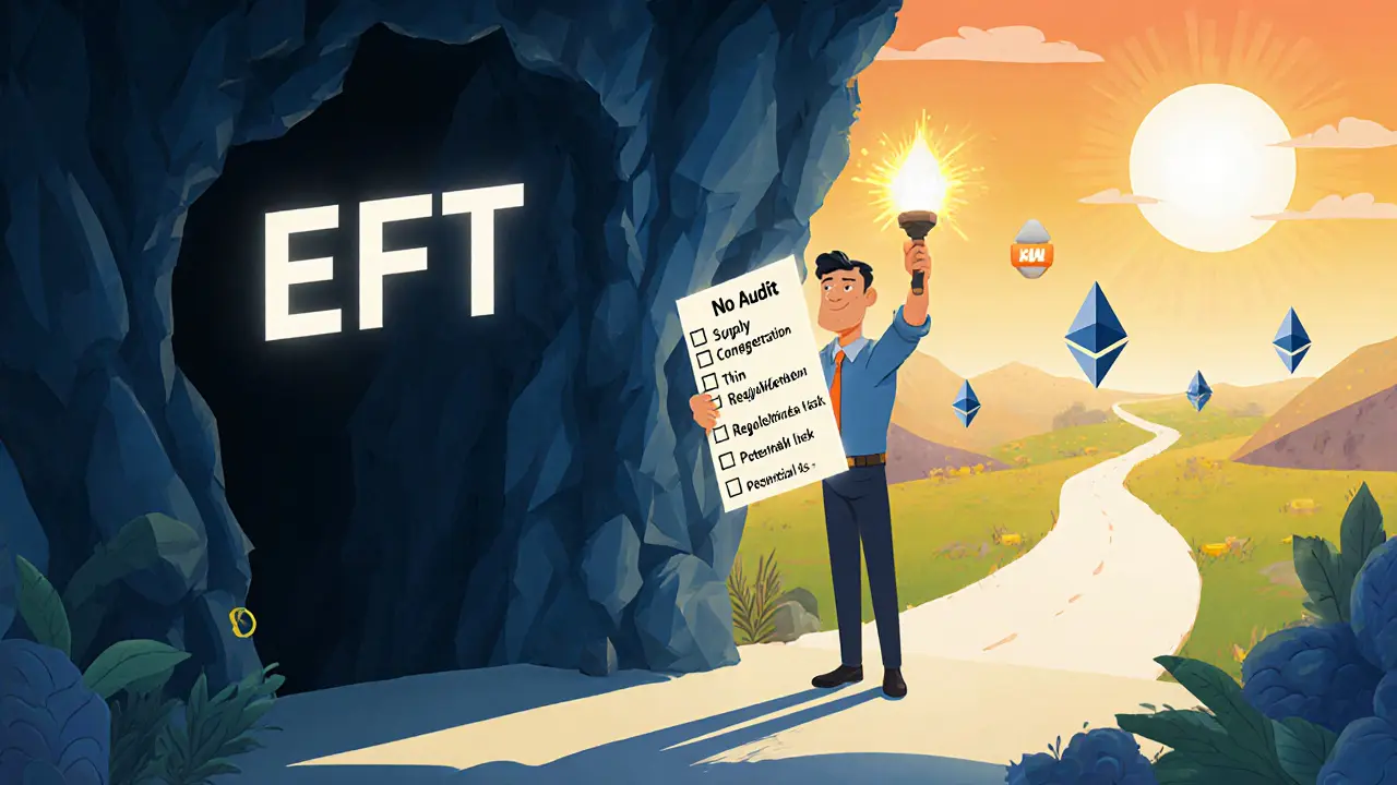 Investor holding a lit checklist at the entrance of a dark EFT cavern, with a bright path toward Ethereum symbols.