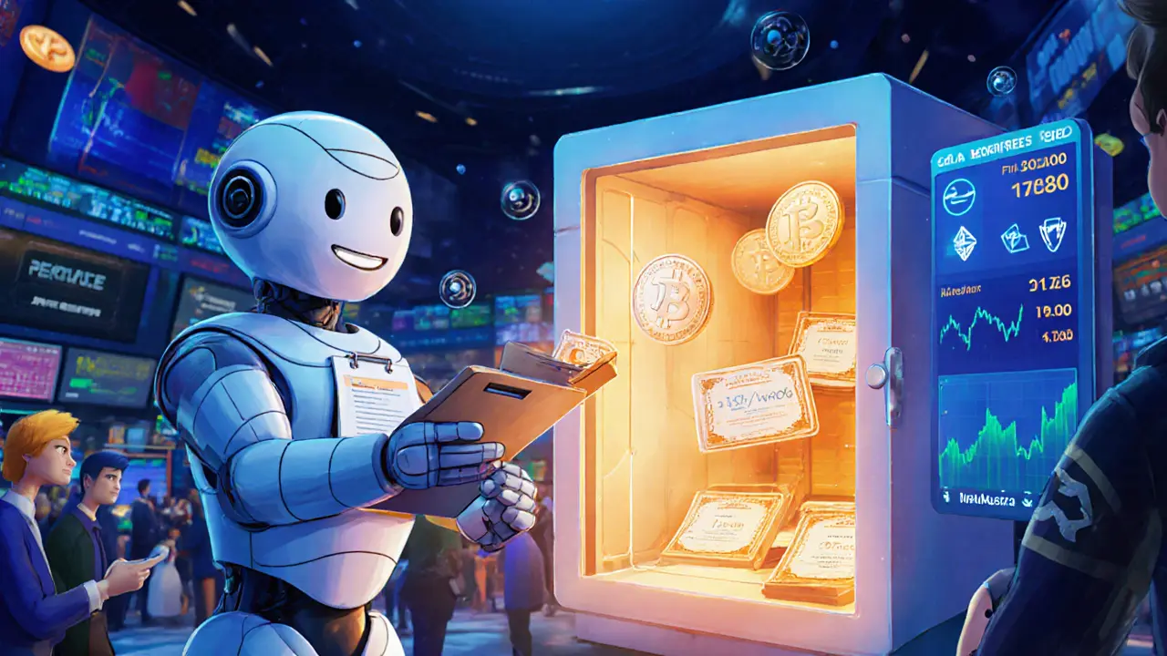 Robot hands stablecoin to user as smart contract creates TMon tokens, showing thin liquidity.