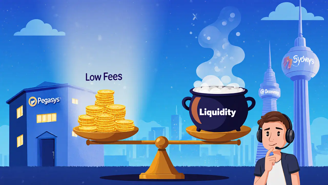 Scale balances low fees against modest liquidity, Syscoin holder considers beside Pegasys building.