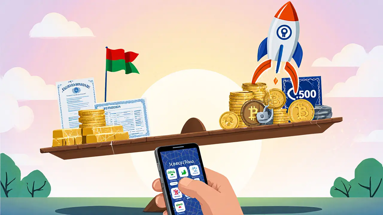 Cartoon balance scale weighing Belarus regulation against diverse tokenized assets, with a lagging mobile app.