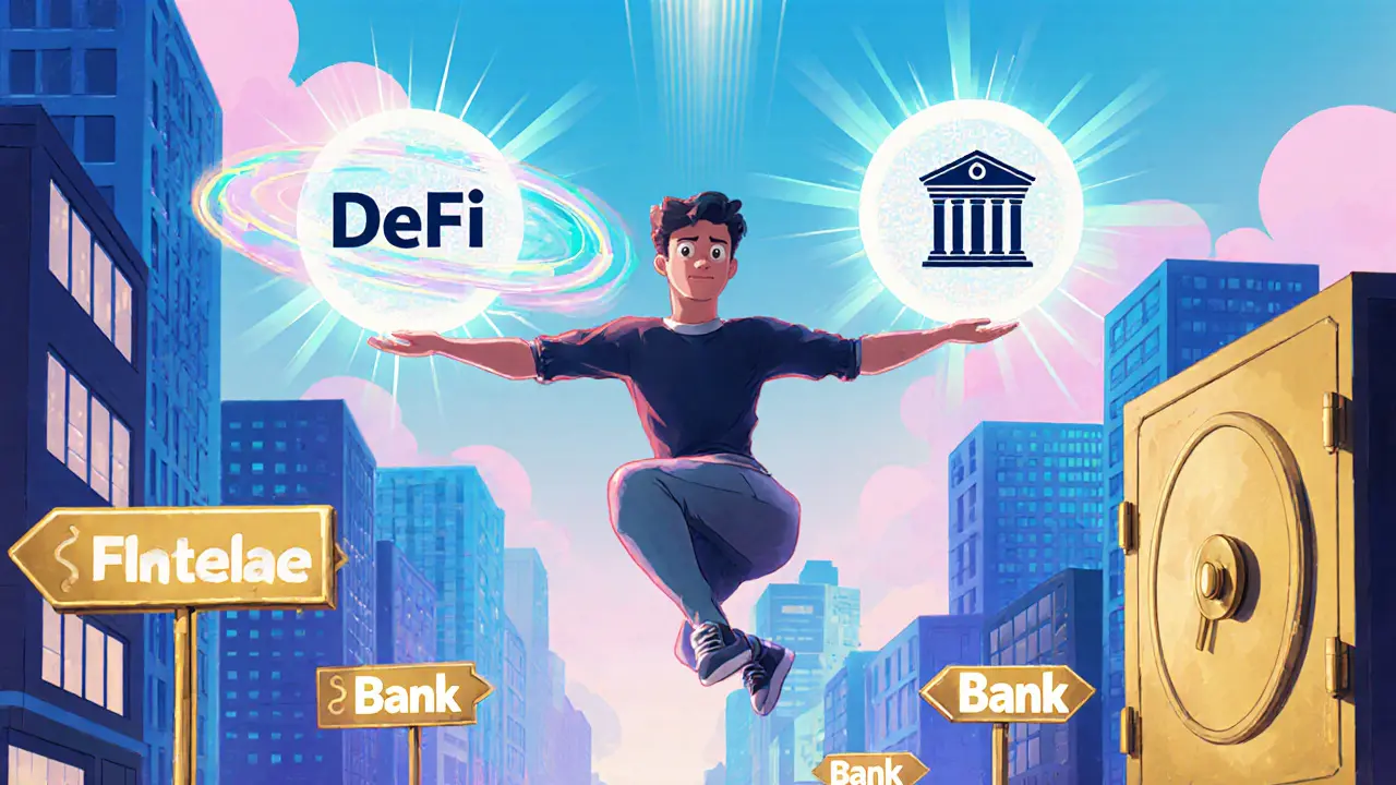 Cartoon character balancing glowing DeFi and bank orbs above a futuristic city.