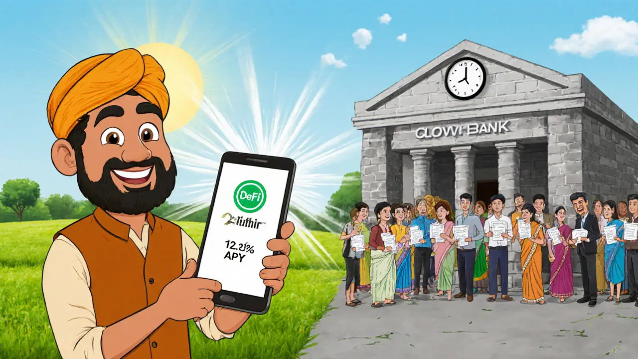 Cartoon farmer using a phone for DeFi yield next to a crowded traditional bank.