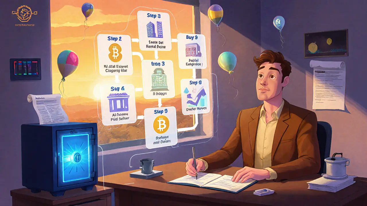 Cartoon investor reviewing a 5‑step crypto playbook with holographic roadmap.