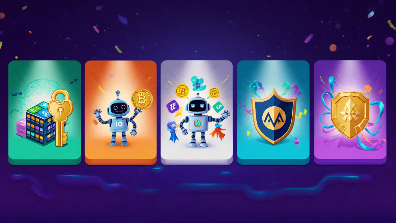 Five cartoon panels showing Propy, io.net, BlockchainFx, BEST, and AAVE token icons.