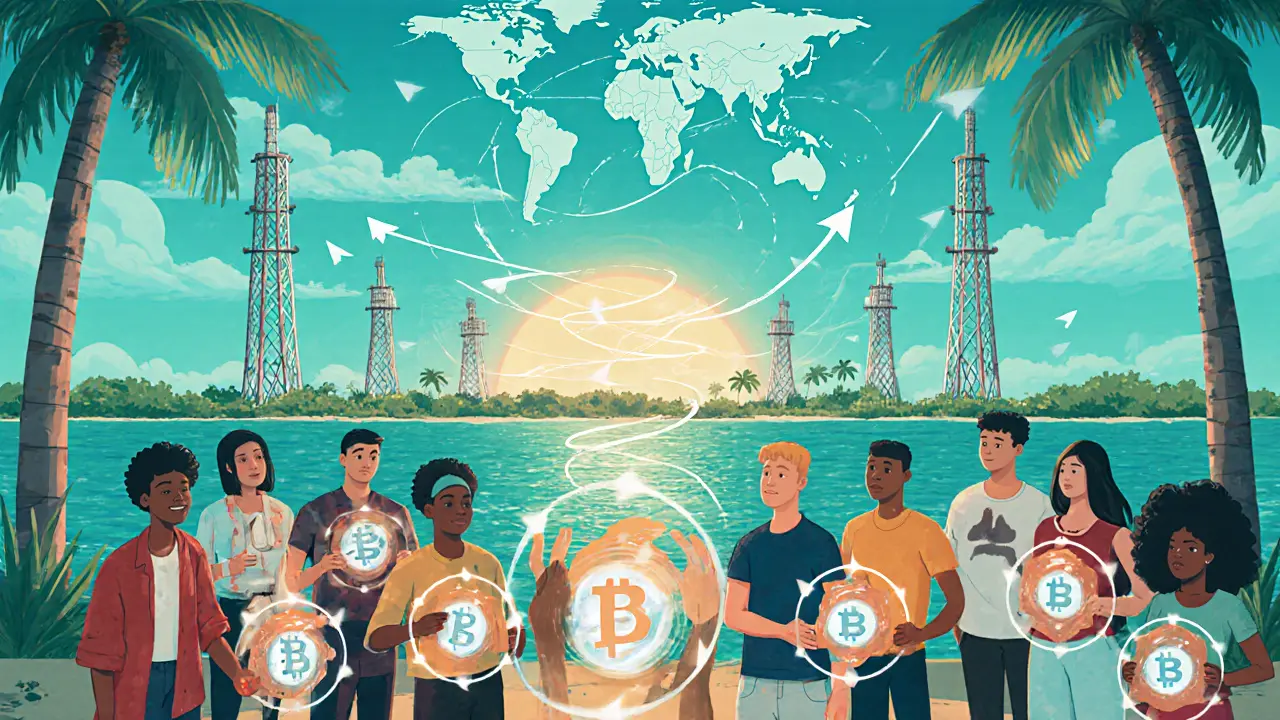 Future scene with 5G towers, entrepreneurs holding crypto symbols, and arrows suggesting global influence.