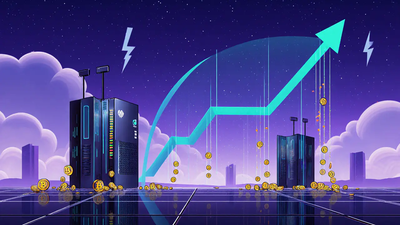 Futuristic mining rigs under a twilight sky with fee‑coins raining down.