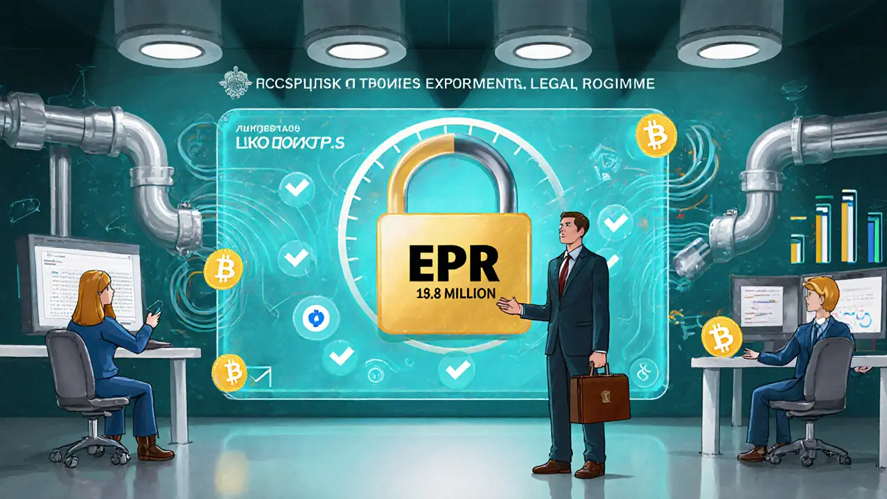 High‑tech compliance office showing a dashboard, a lock labeled 'EPR', and a businessperson overseeing Bitcoin flow.