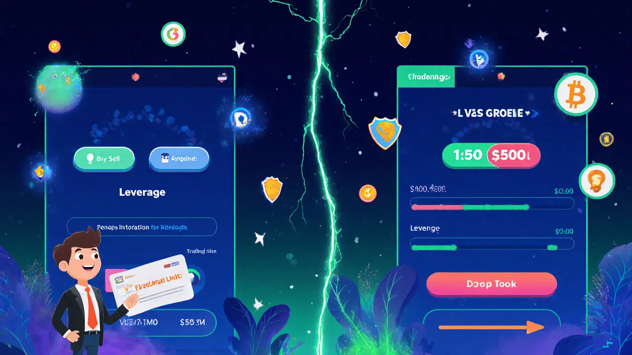 Split-screen cartoon showing simple trading mode versus advanced leverage mode with 1:500 lever.