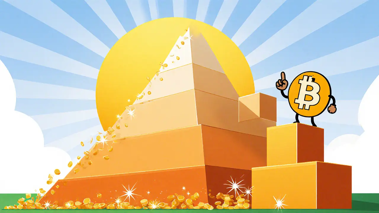 Stacked block towers halve in size, showing Bitcoin's reward reduction over time.