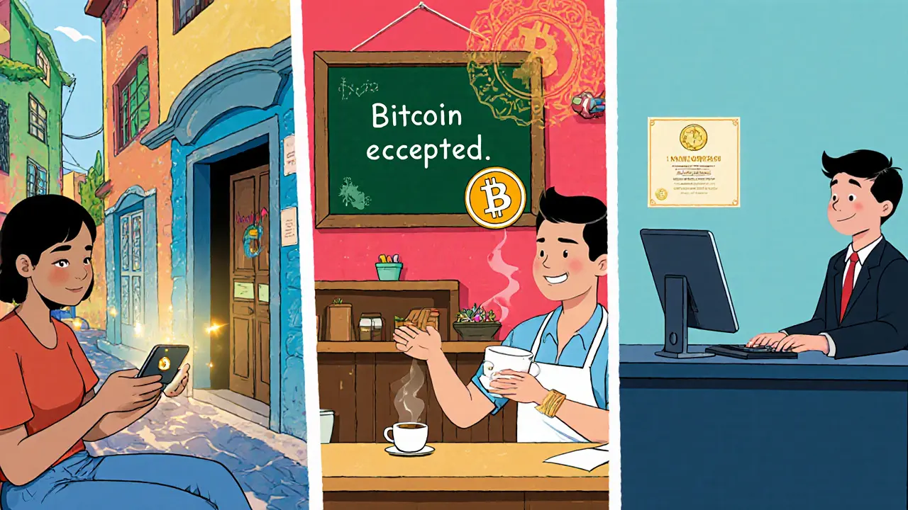 Three scenes: woman receiving Bitcoin on phone, café accepting Bitcoin, and VASP office with a license plaque.