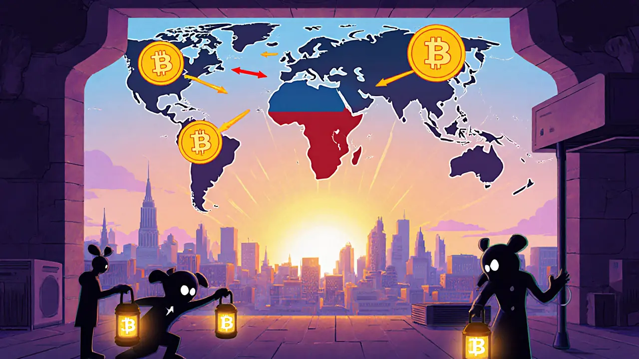 World map highlighting Russia with Bitcoin export arrows and a shadowy underground crypto market under sunrise.
