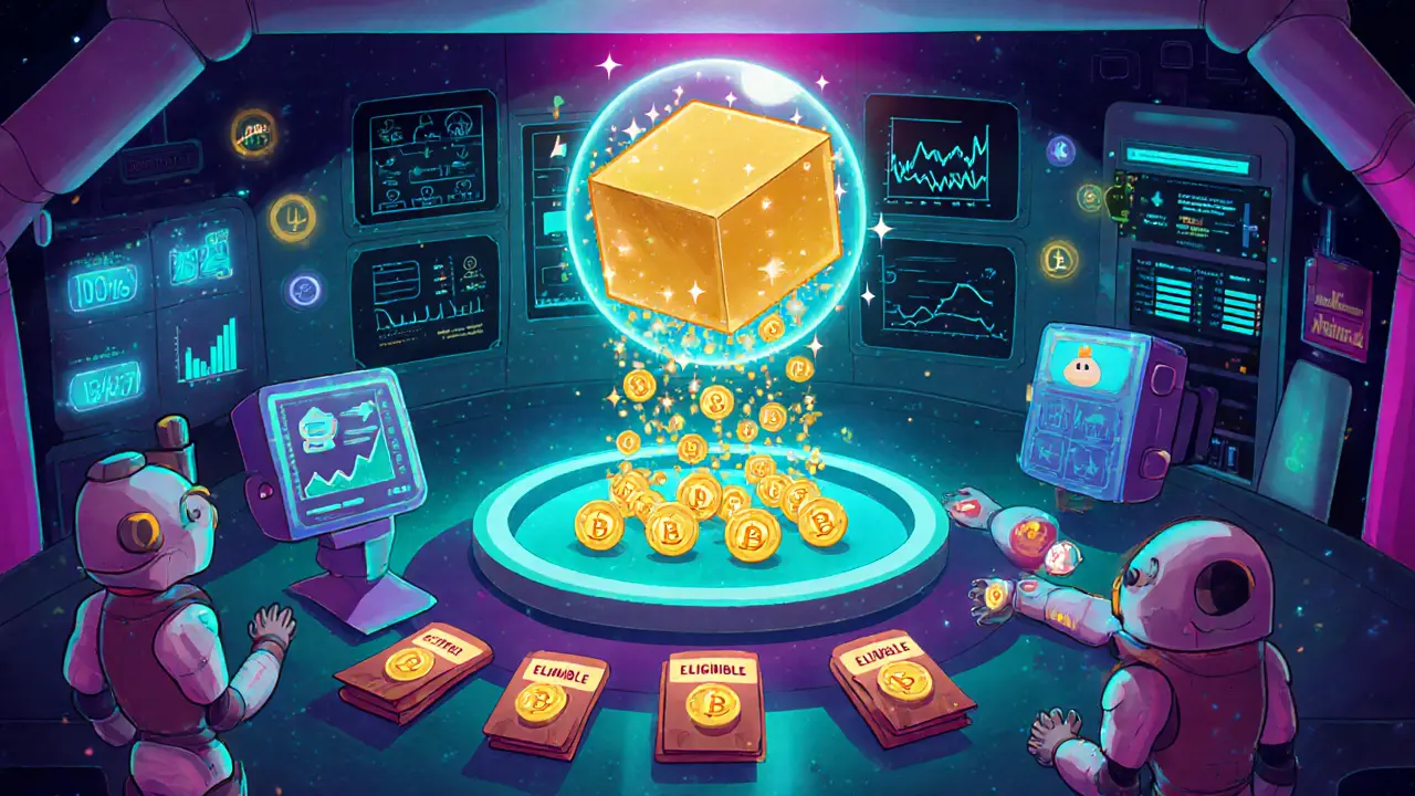 AI launchpad room with robots analyzing data and token symbols raining onto wallets.