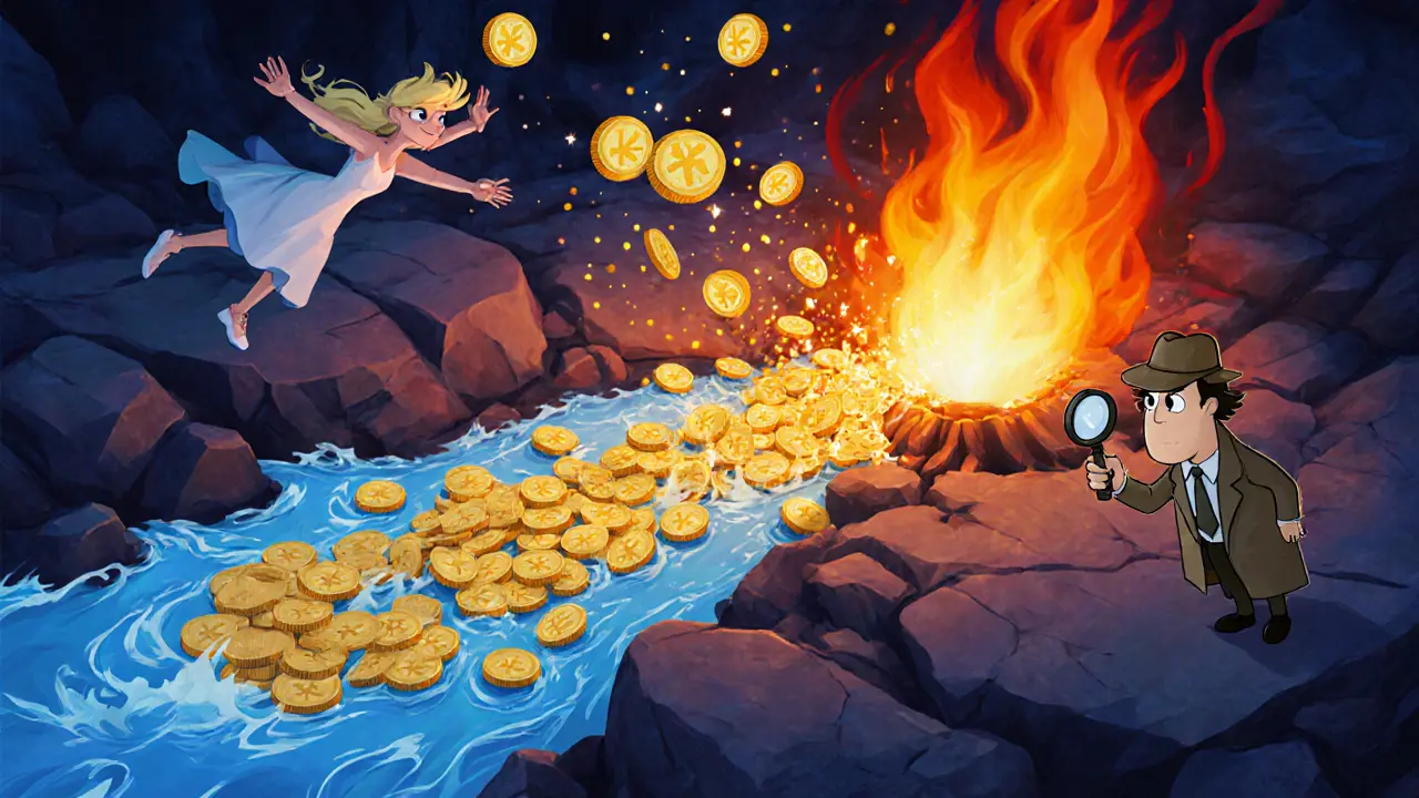 Cartoon furnace burning half of fee tokens into golden KNC coins.