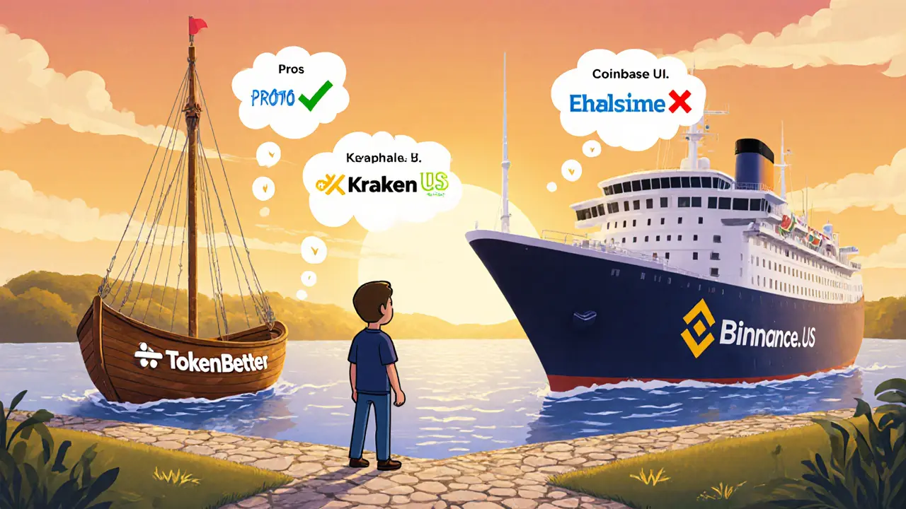 Cartoon trader weighing pros and cons between a small TokenBetter boat and a large exchange ship.