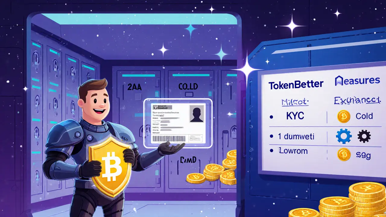 DreamWorks‑style cartoon showing a guard with a 2FA shield, cold‑storage vault, and KYC documents for TokenBetter.
