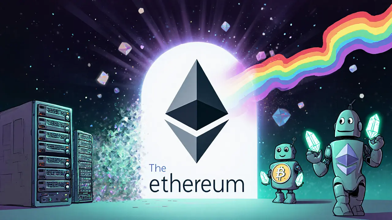 DreamWorks‑style portal illustrating The Merge, with mining rigs fading and validator nodes appearing.