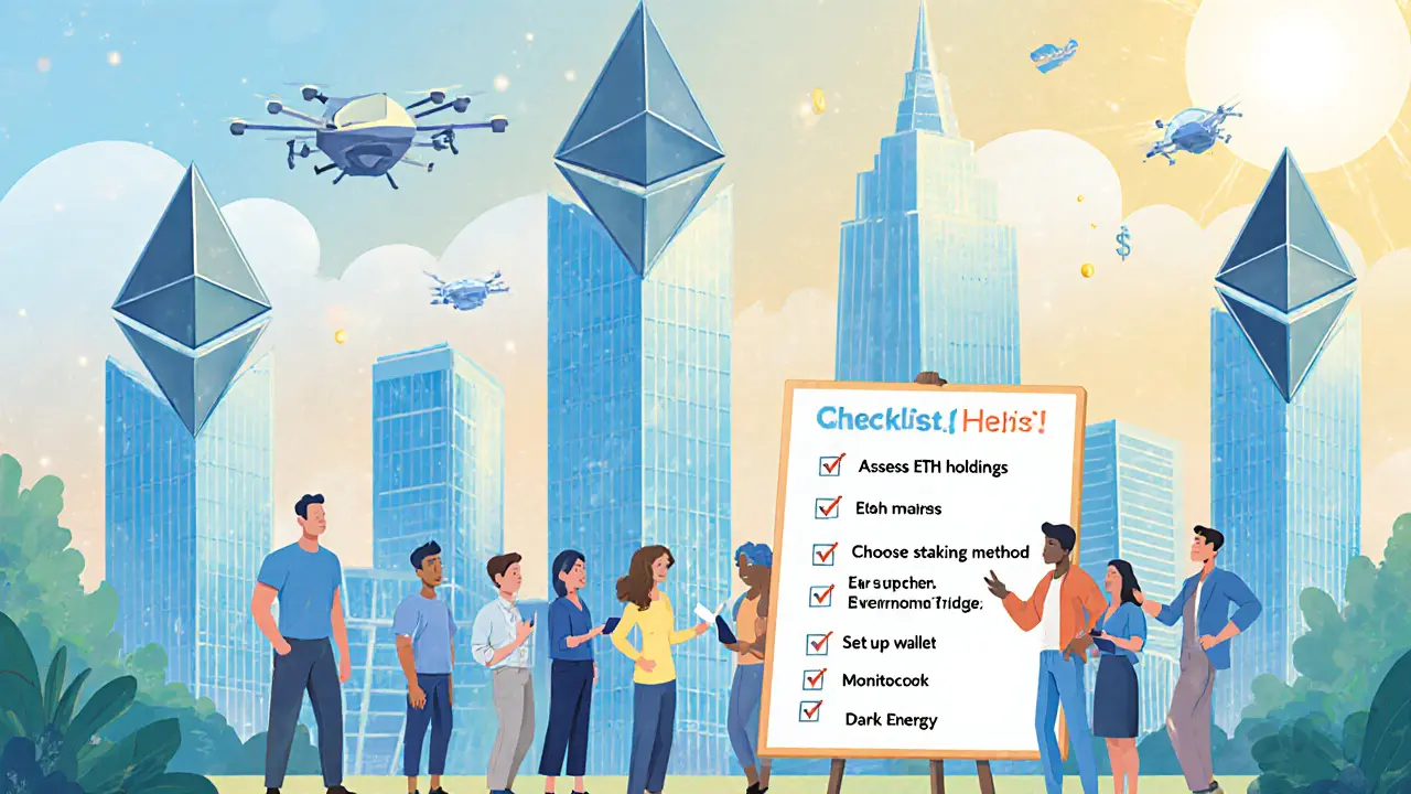 Future Ethereum staking city with characters checking a checklist, bright and hopeful.