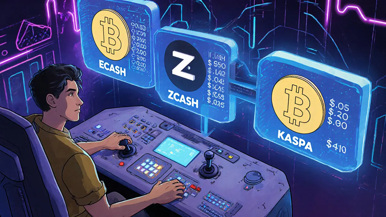 Futuristic control room with holographic panels of various blockchain rewards.