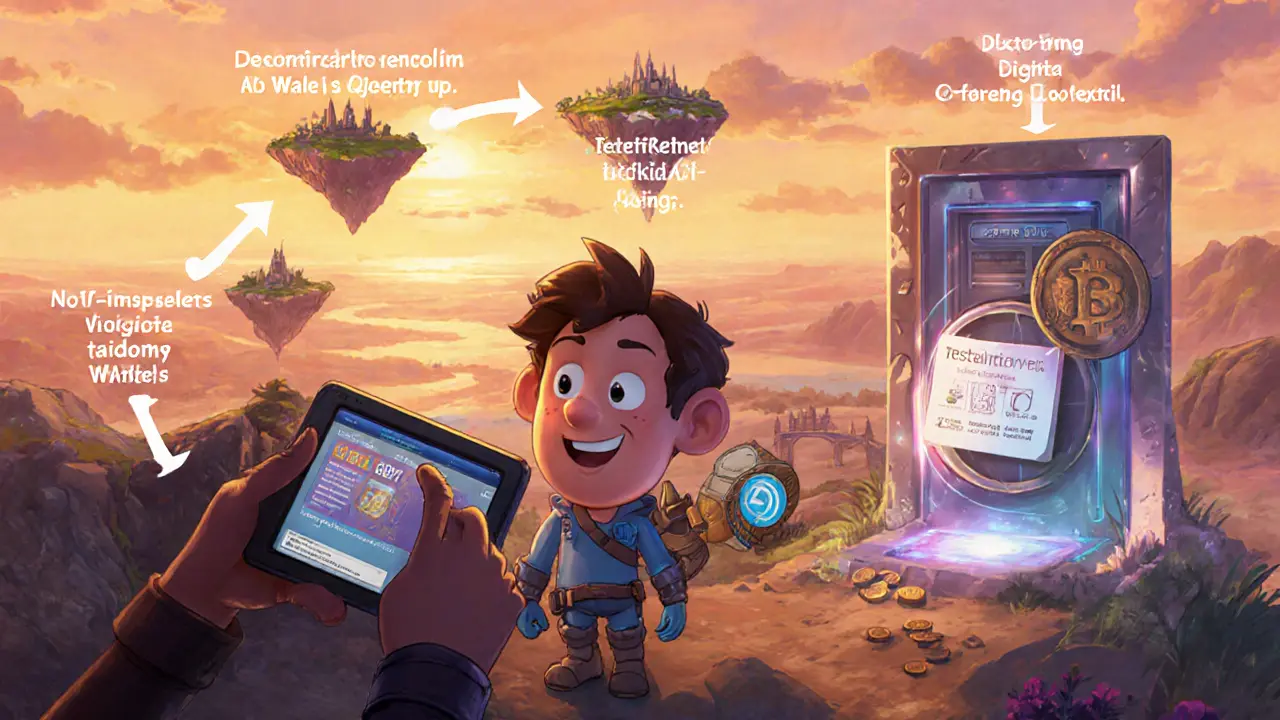 Hero setting up wallet, staking, testnet quest, and claiming IDTT with future modules shown.
