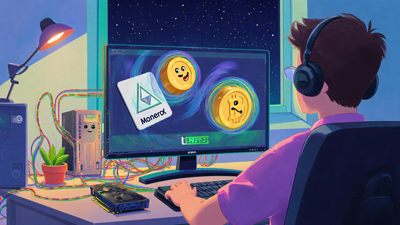 Home office with GPU mining Monero and Ravencoin, friendly CPU/GPU characters.