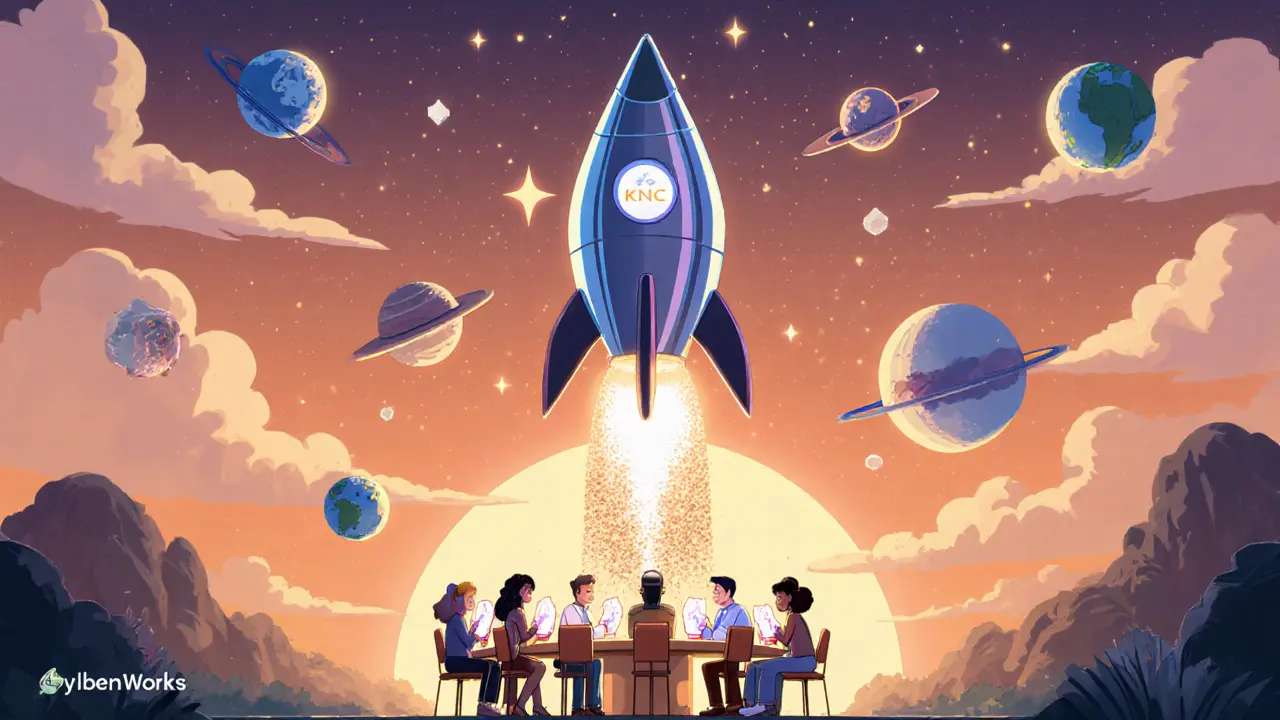 Rocket and council of characters with KNC crystals illustrating Kyber's future.