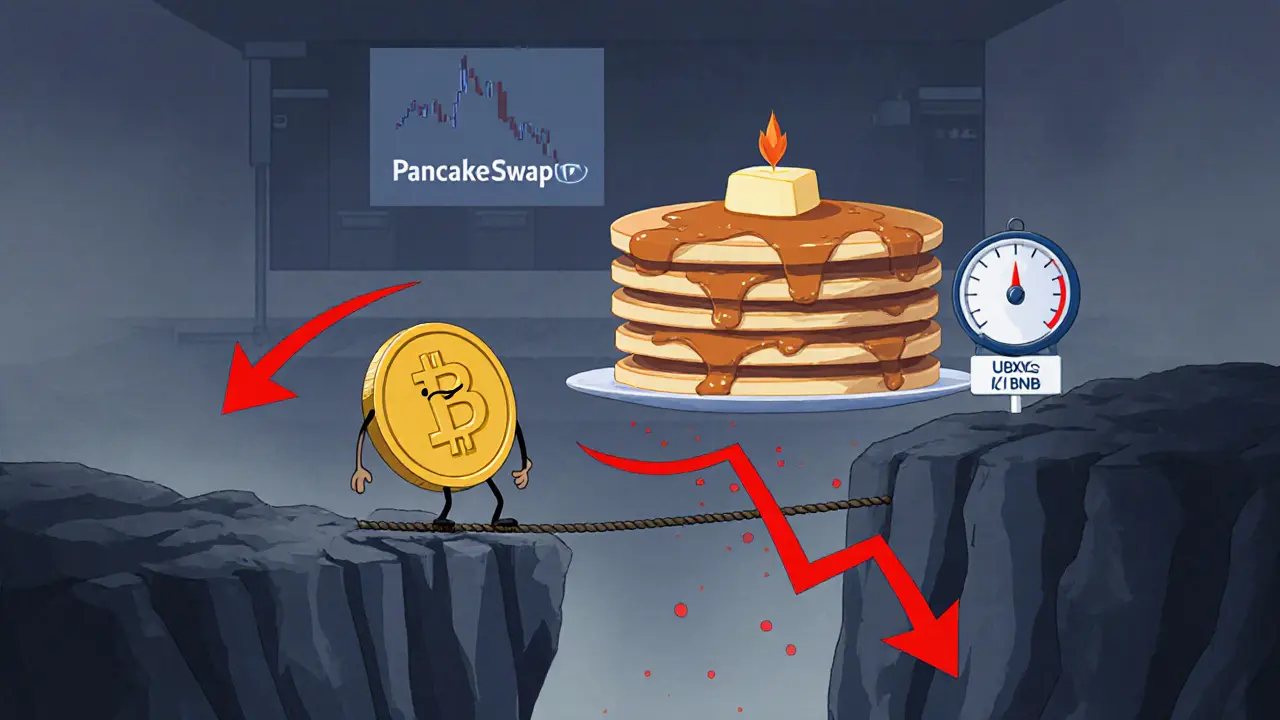 Sad UBXS token on a thin bridge over a price chart showing steep decline.