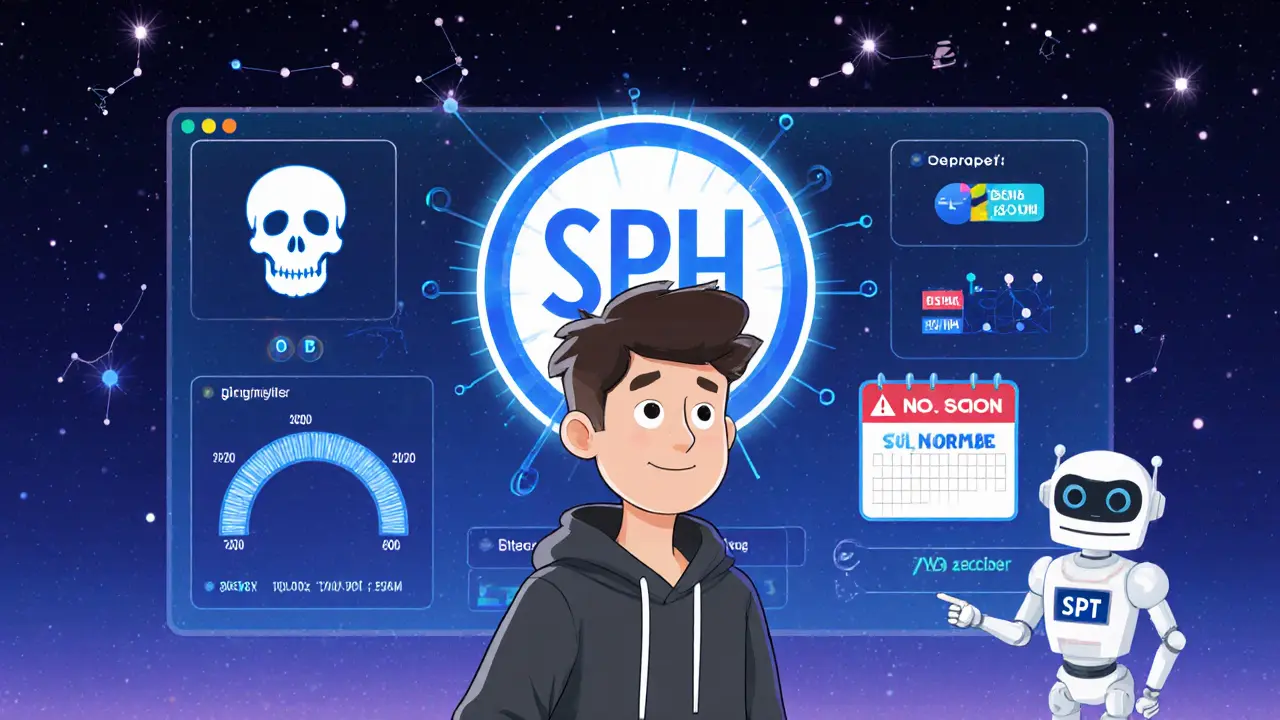 A developer in front of live DeFi tools as a half-built SPH token glows with potential.