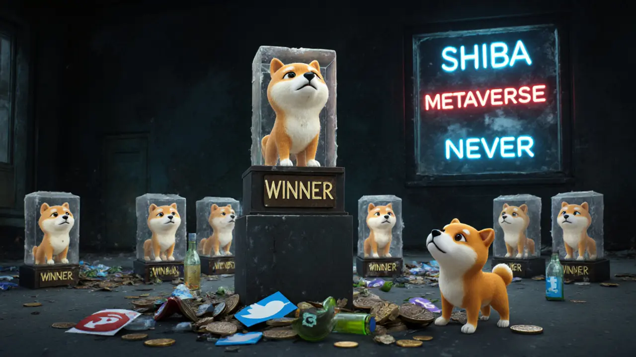 A lonely Shiba Inu trophy sits in a dark gallery surrounded by unsold NFTs under a flickering &#039;COMING NEVER&#039; sign.