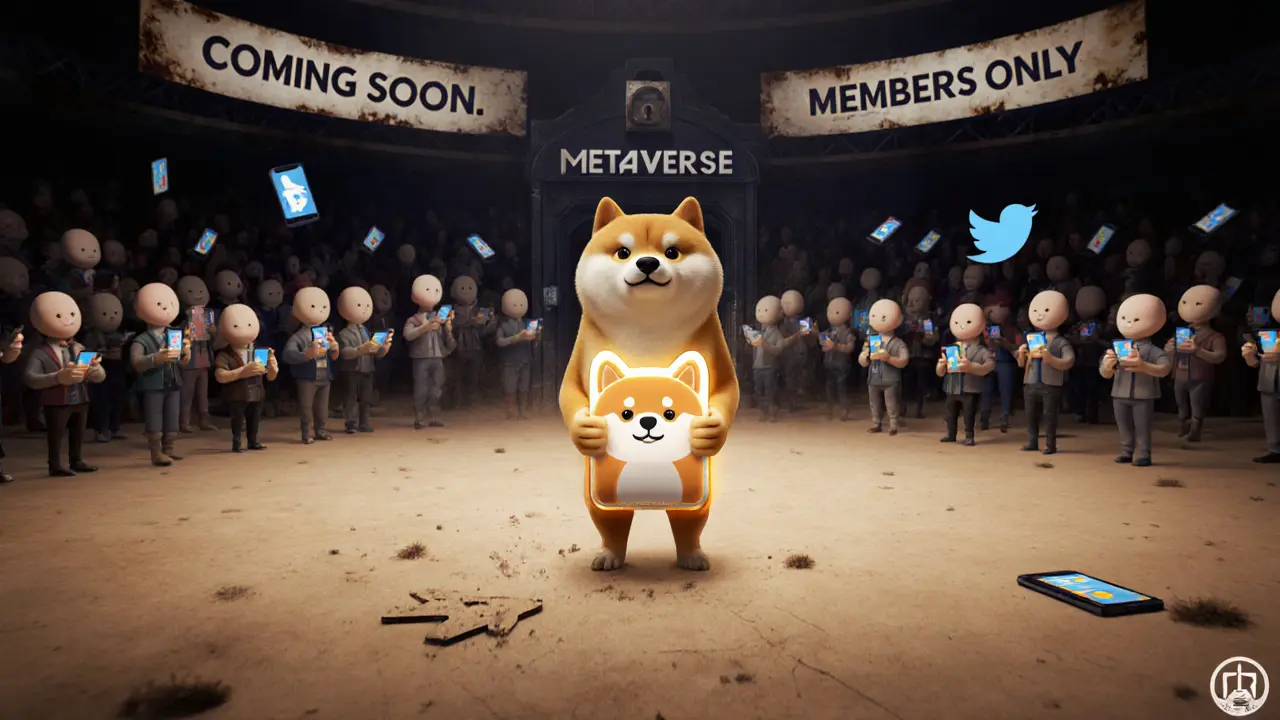 A person holds an NFT in an empty virtual arena with faded signs and blank avatars retweeting endlessly.