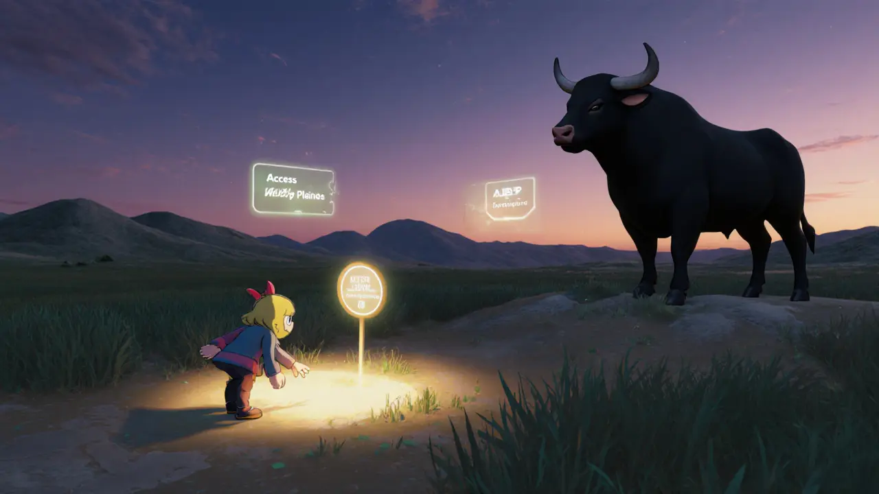 A Polqueen NFT character reaching for a land plot as a giant Bull NFT looms in the distance at dawn.