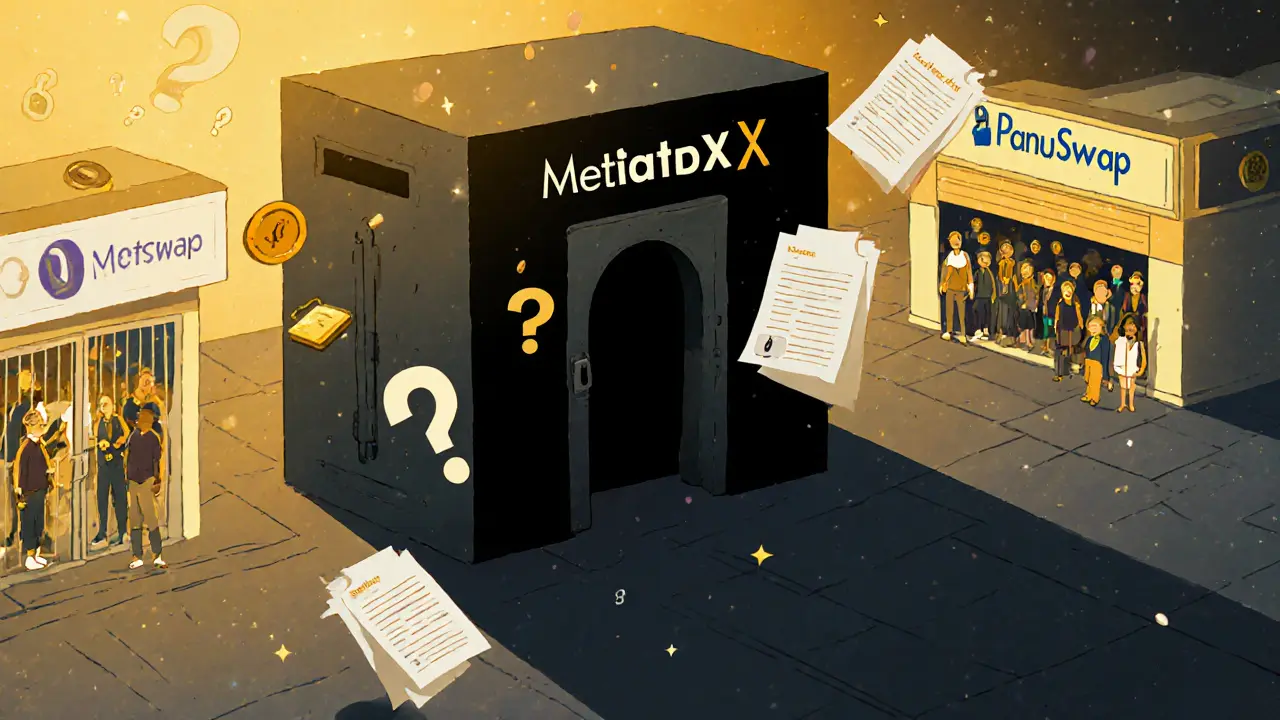 A sealed vault with question marks floats beside vibrant, open DEXs in a whimsical cartoon landscape.