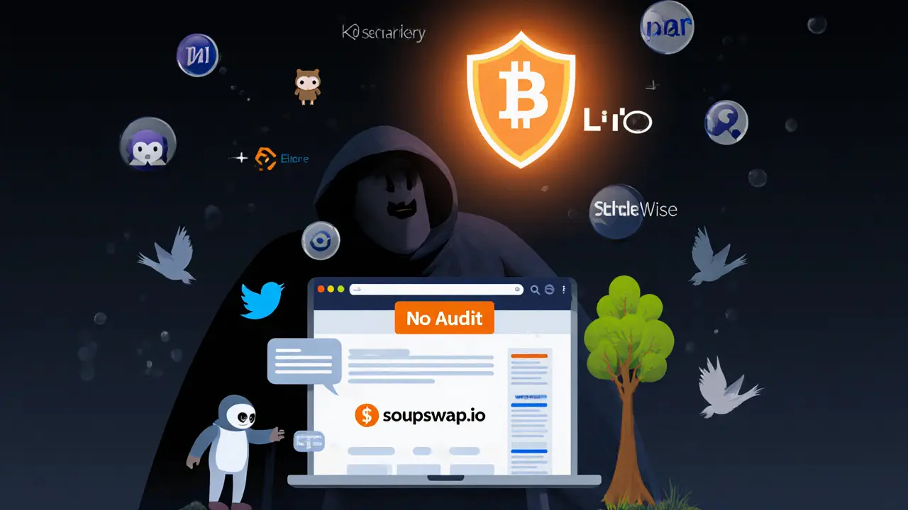 A shadowy figure looms over a forgotten website as secure platforms shine brightly above.