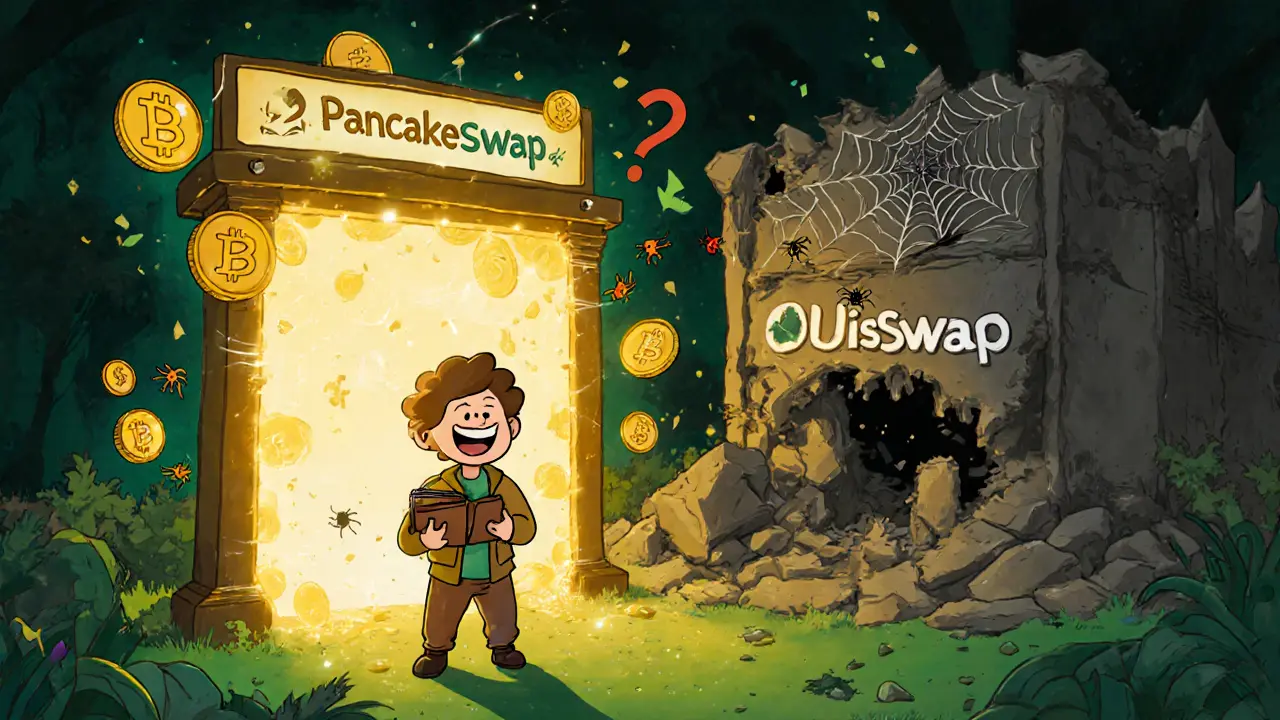 A user happily approaches glowing DeFi platforms while SoupSwap crumbles into dust behind them.