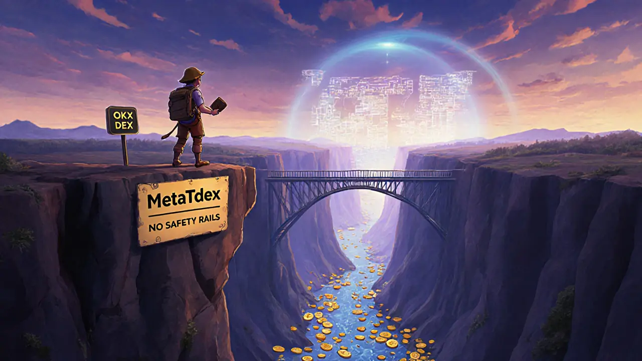 An adventurer hesitates at a cliff labeled MetaTdex, while safe exchanges shine across a data bridge.