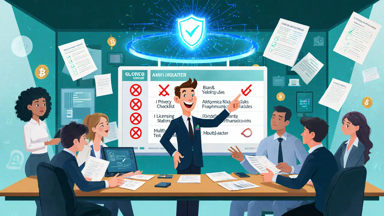 Animated control room showing 2025 bans on privacy tokens and cyber‑risk checklist.