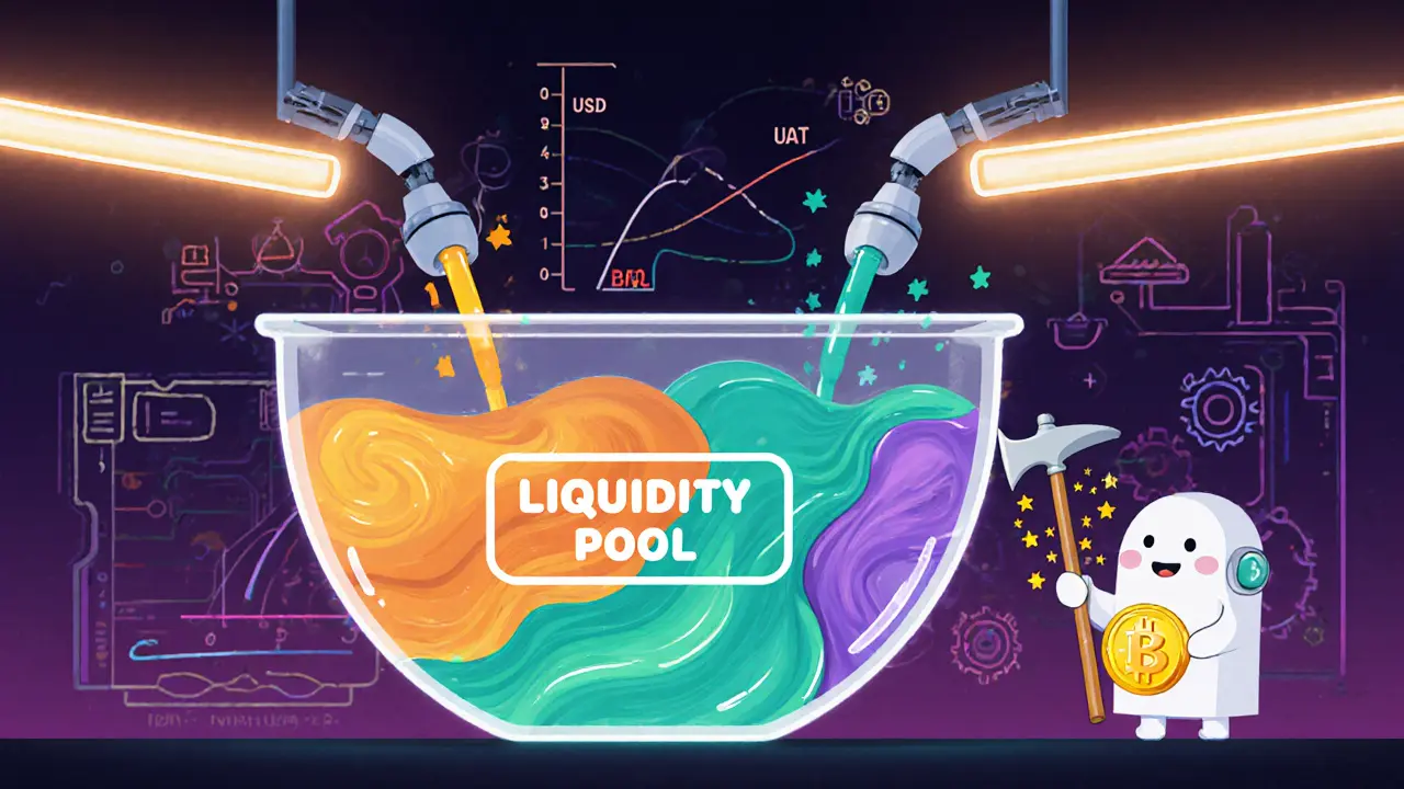 Animated lab showing stablecoins mixing in a liquidity pool with a miner scattering SDL rewards.