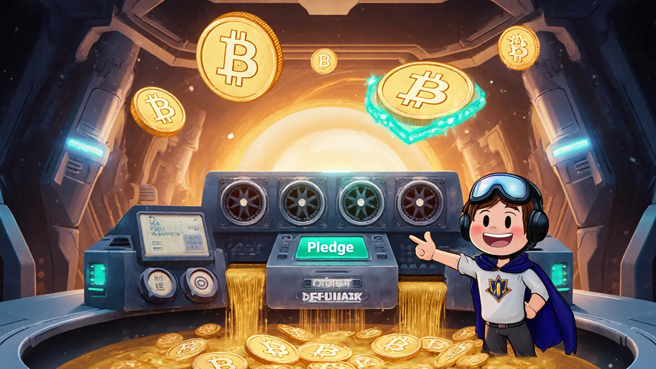 Animated VR mine with glowing NFTs, mining rigs, and Bitcoin icons flowing into a DeFi pool.