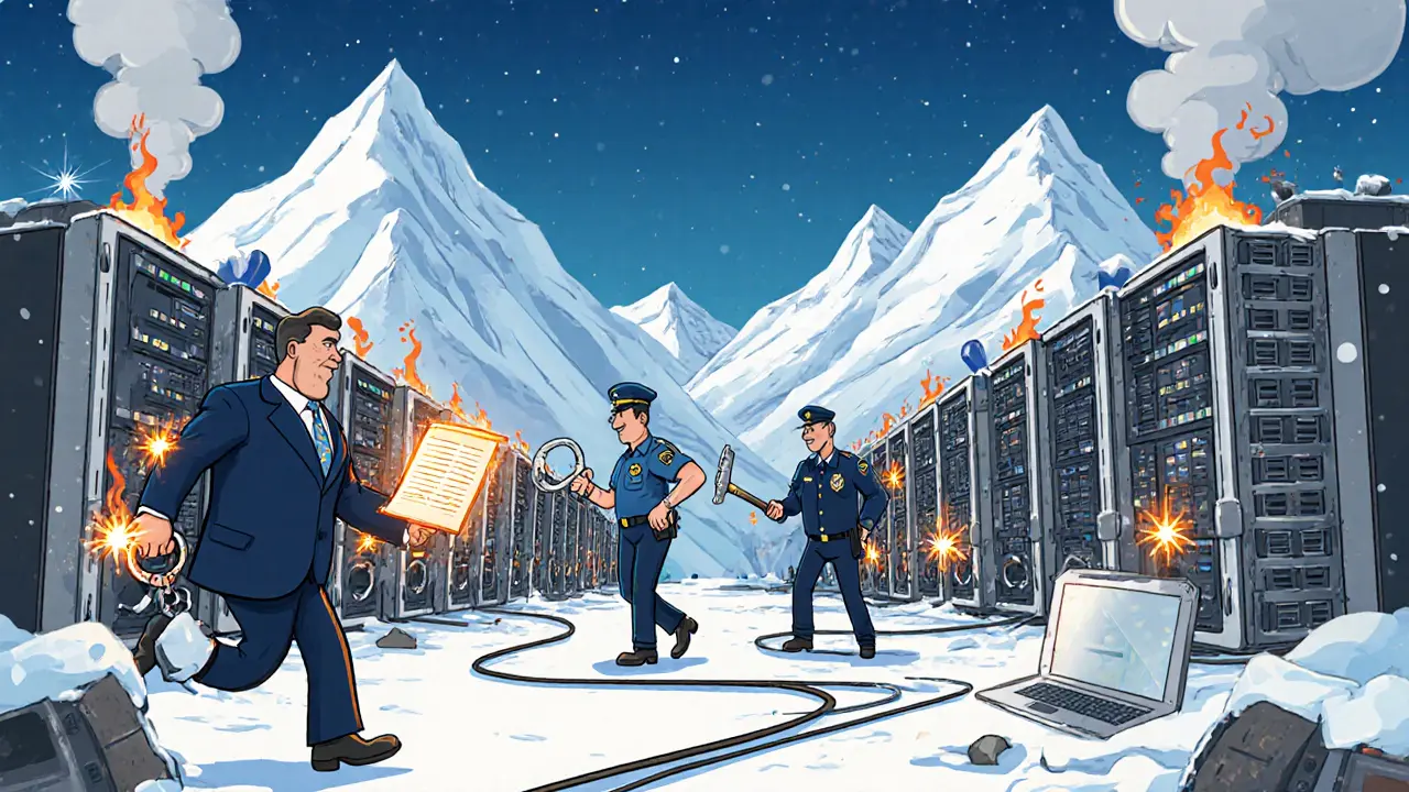 Authorities raid a mountain crypto mining farm, cutting power to ASIC machines.