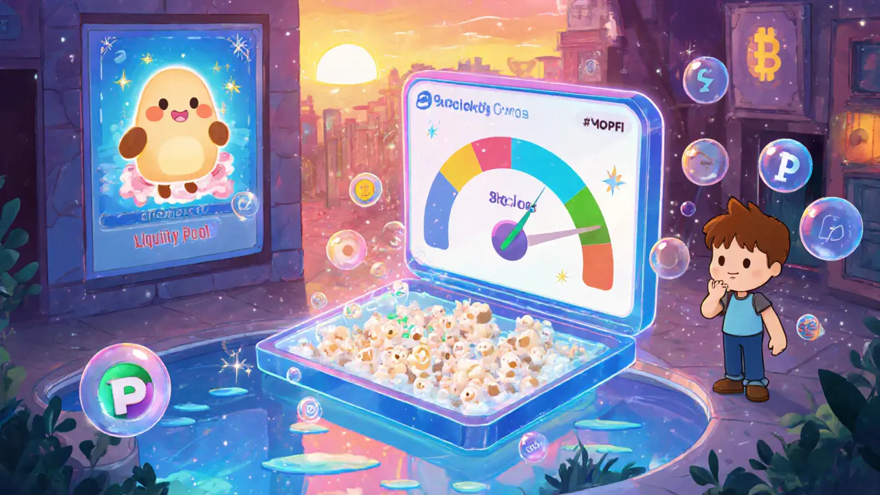 Cartoon Dapp interface showing MOCHI staking, glowing NFT, and an empty liquidity pool with high slippage bubbles.